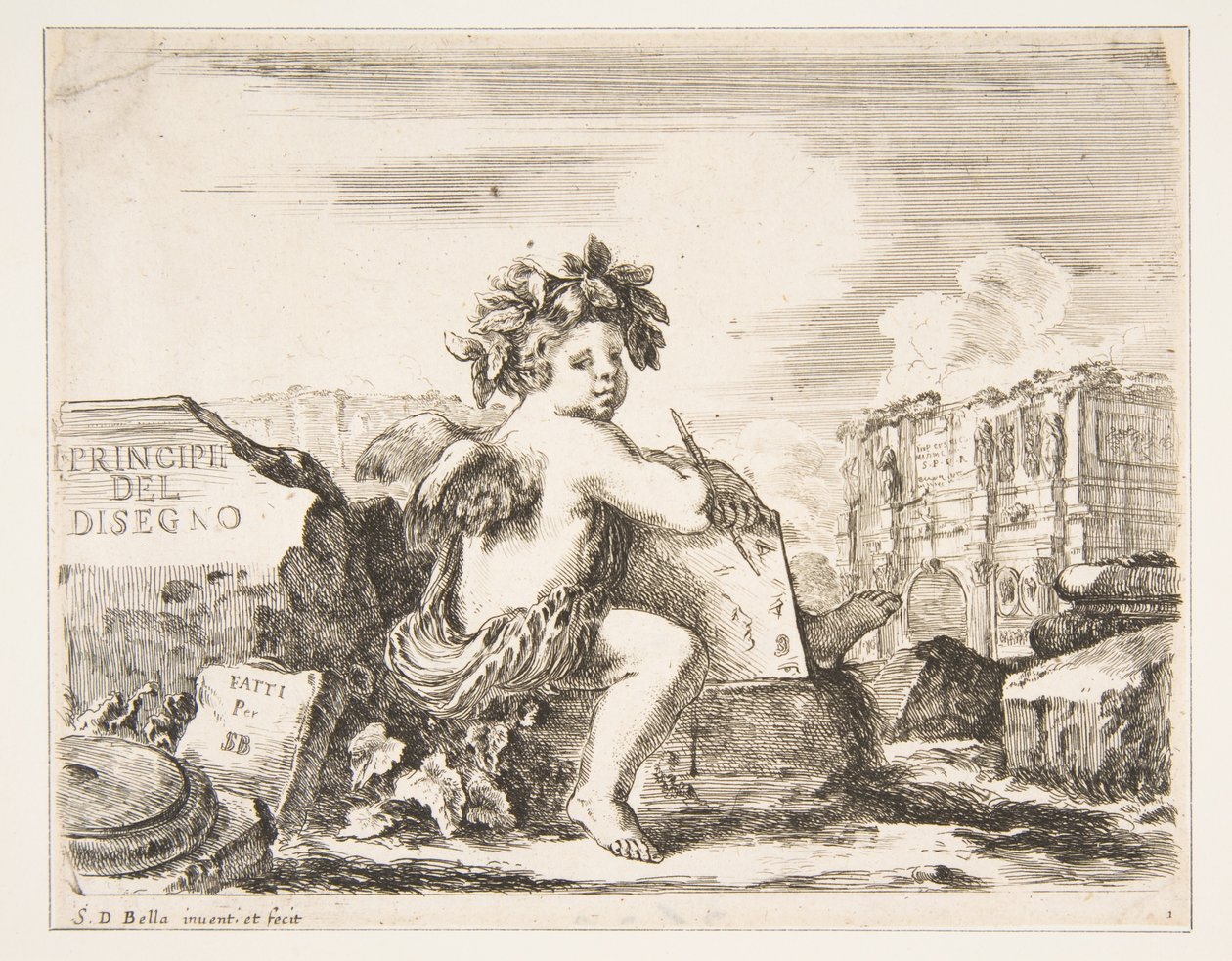Placa 1: el genio del dibujo, un niño con alas, sentado en una roca en el centro girando, ca. 1641-43. de Stefano della Bella