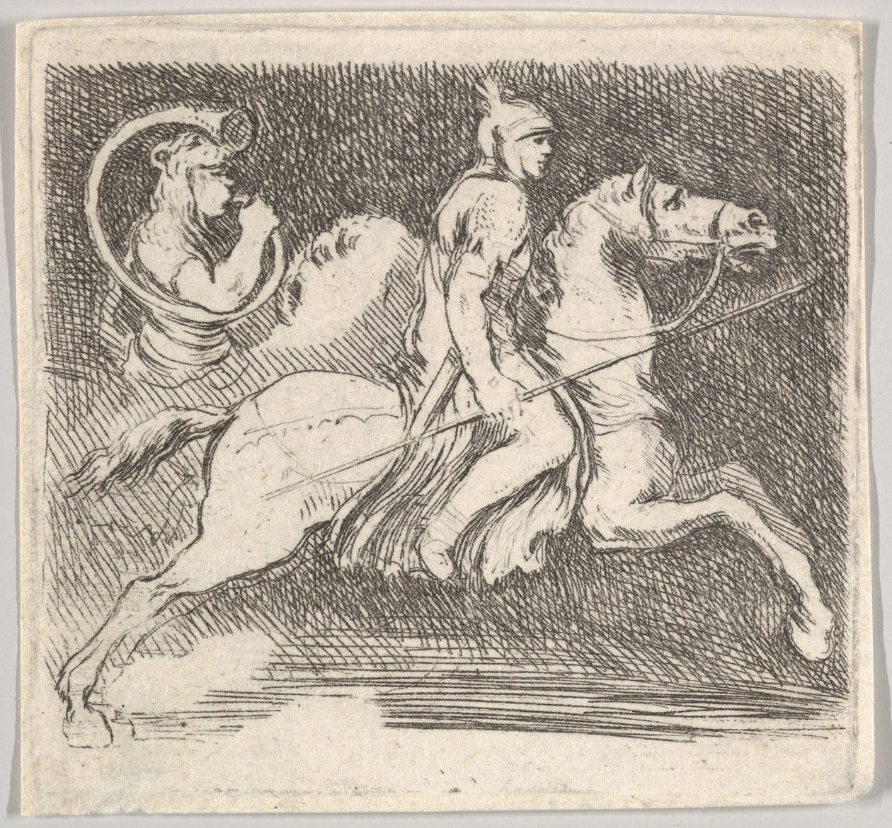 Placa 20: un soldado de perfil galopando a la derecha sosteniendo una lanza en su mano derecha, ca. 1646 de Stefano della Bella