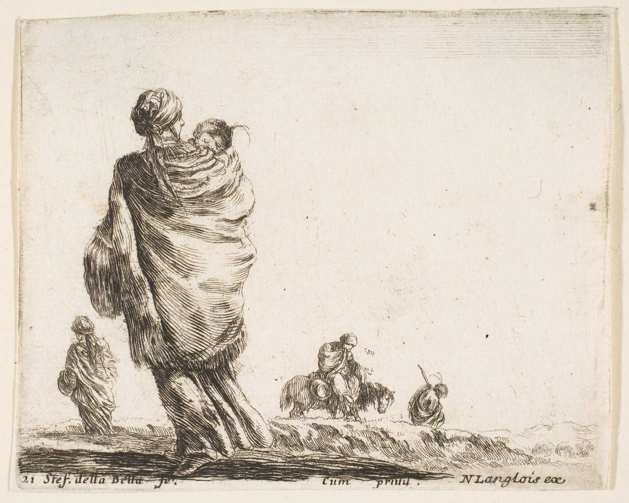 Placa 21: una mujer pobre a la izquierda, vista desde atrás, envolviendo a su hijo en un chal..., ca. 1644-47 de Stefano della Bella