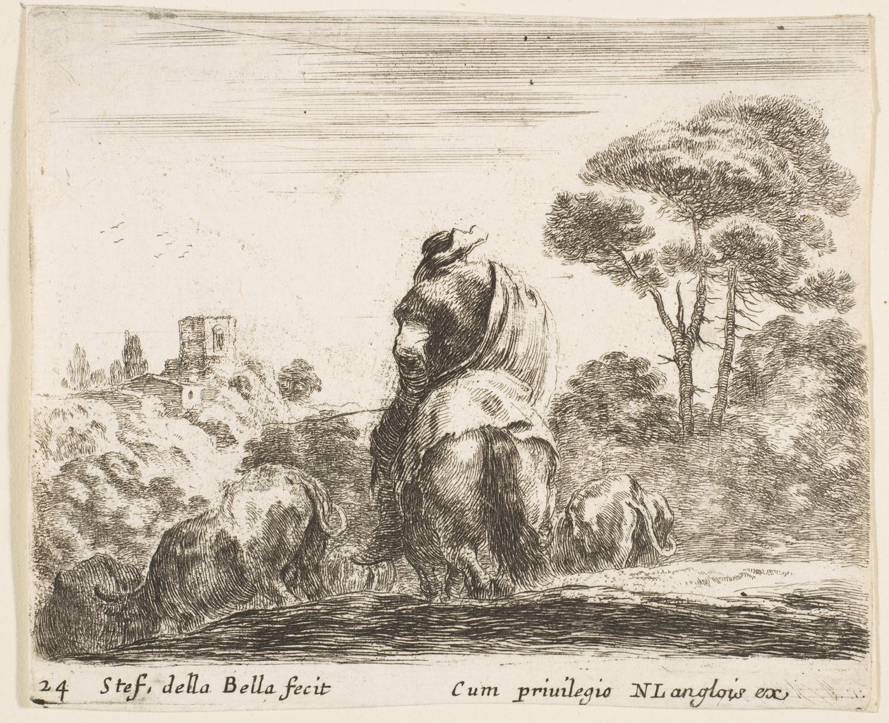 Placa 24: pastor a caballo, visto desde atrás, conduce su ganado colina abajo, ca. 1644-47 de Stefano della Bella