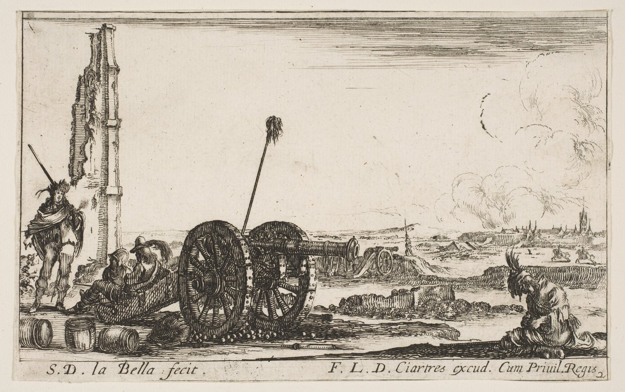 Placa 2: Un cañón a la izquierda, una ciudad al fondo, de Varios caprichos militares, ca. 1641 de Stefano della Bella