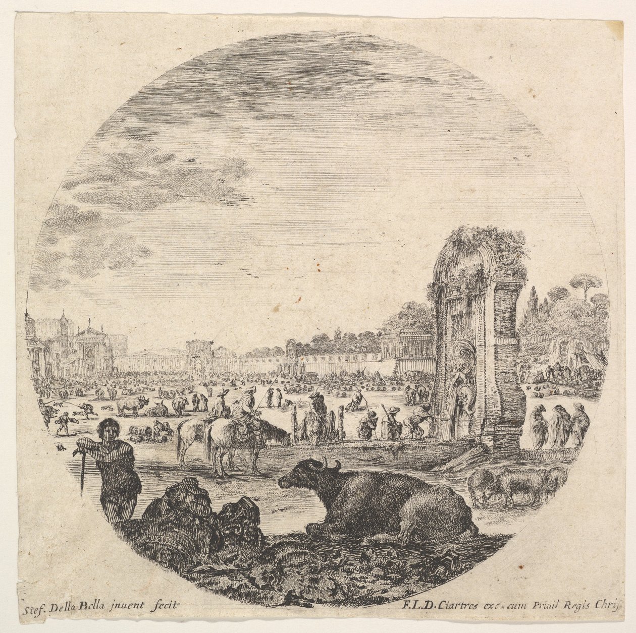 Placa 2: Campo Vaccino, un búfalo y dos pastores en el centro, el Fontanone a la derecha, ca. 1643-48 de Stefano della Bella