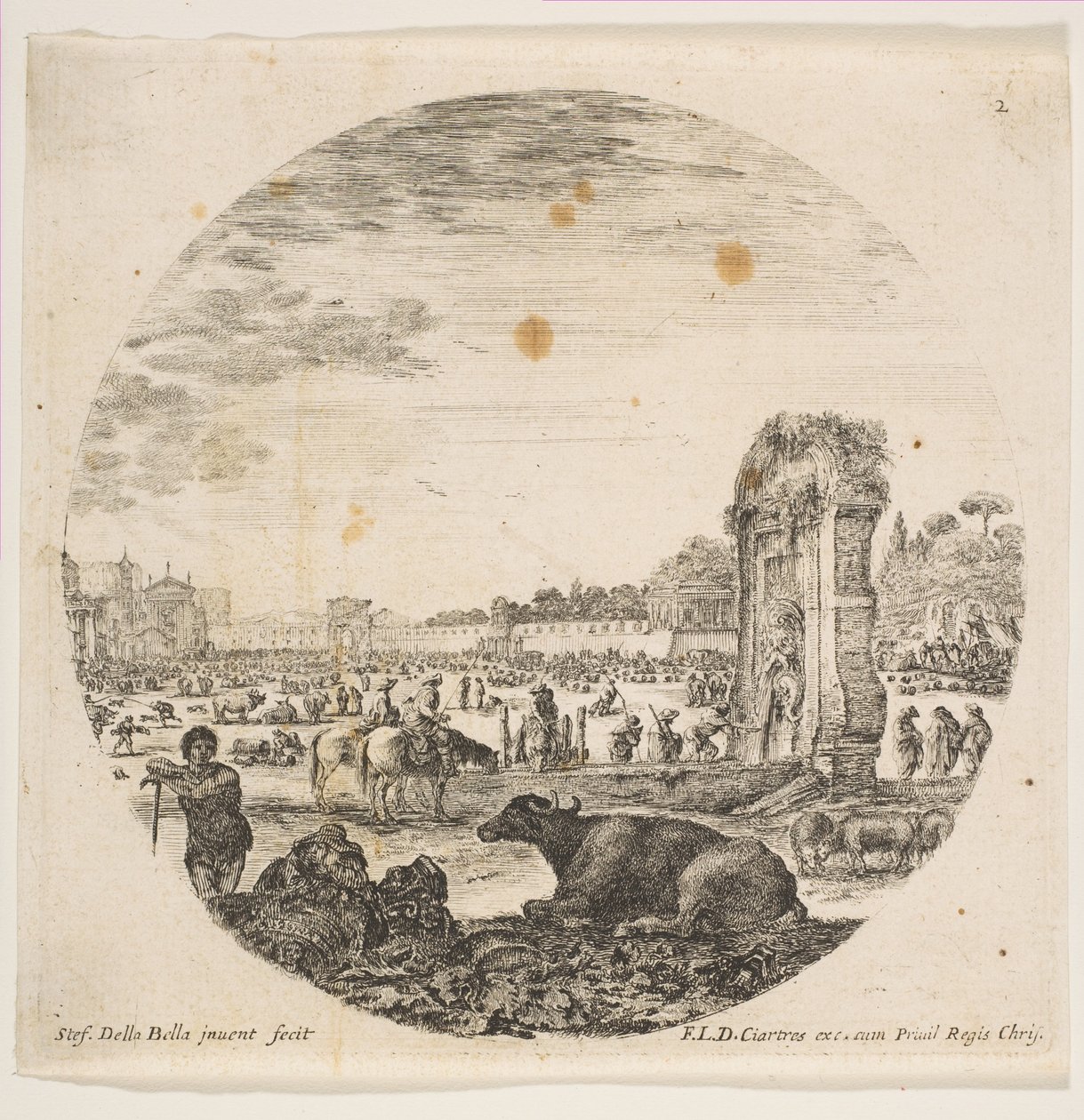 Placa 2: Campo Vaccino, un búfalo y dos pastores en el centro, el Fontanone a la derecha, ca. 1646 de Stefano della Bella