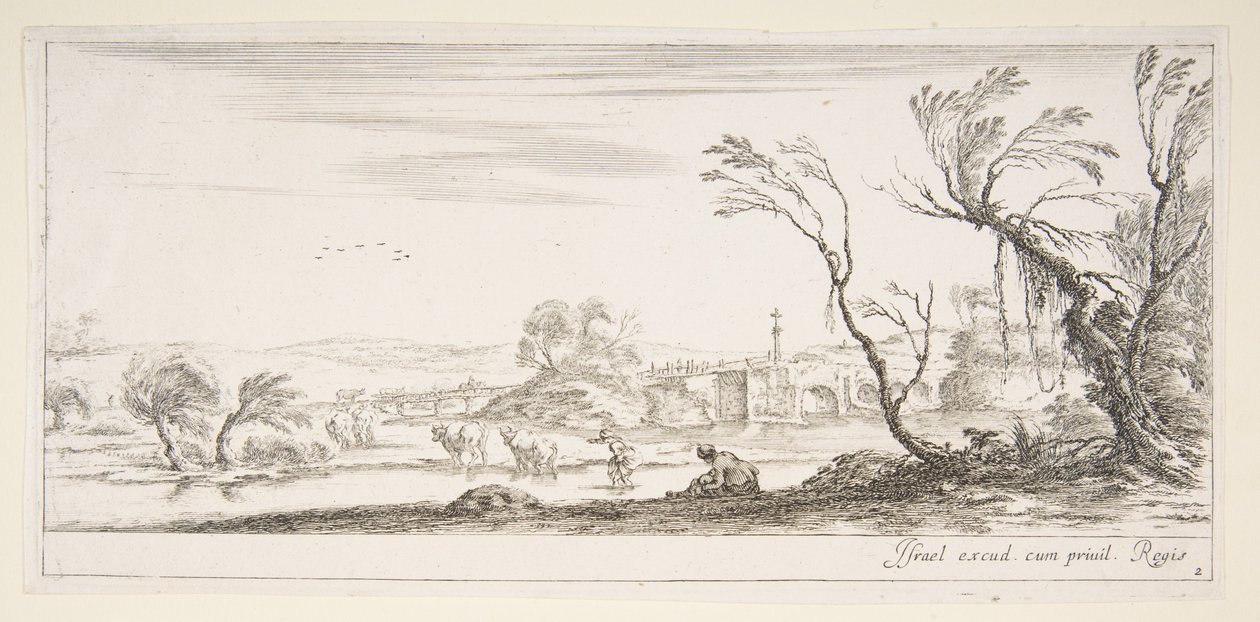 Placa 2: una campesina quitándose los zapatos en el centro, otra campesina y dos niños, ca. 1641 de Stefano della Bella