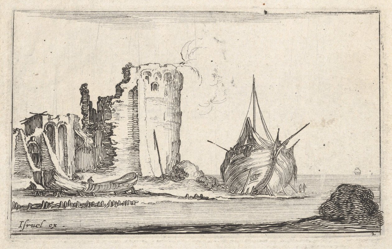 Placa 2: un barco a la derecha y un bote a la izquierda, varado en la orilla, una torre en ruinas, ca. 1642 de Stefano della Bella