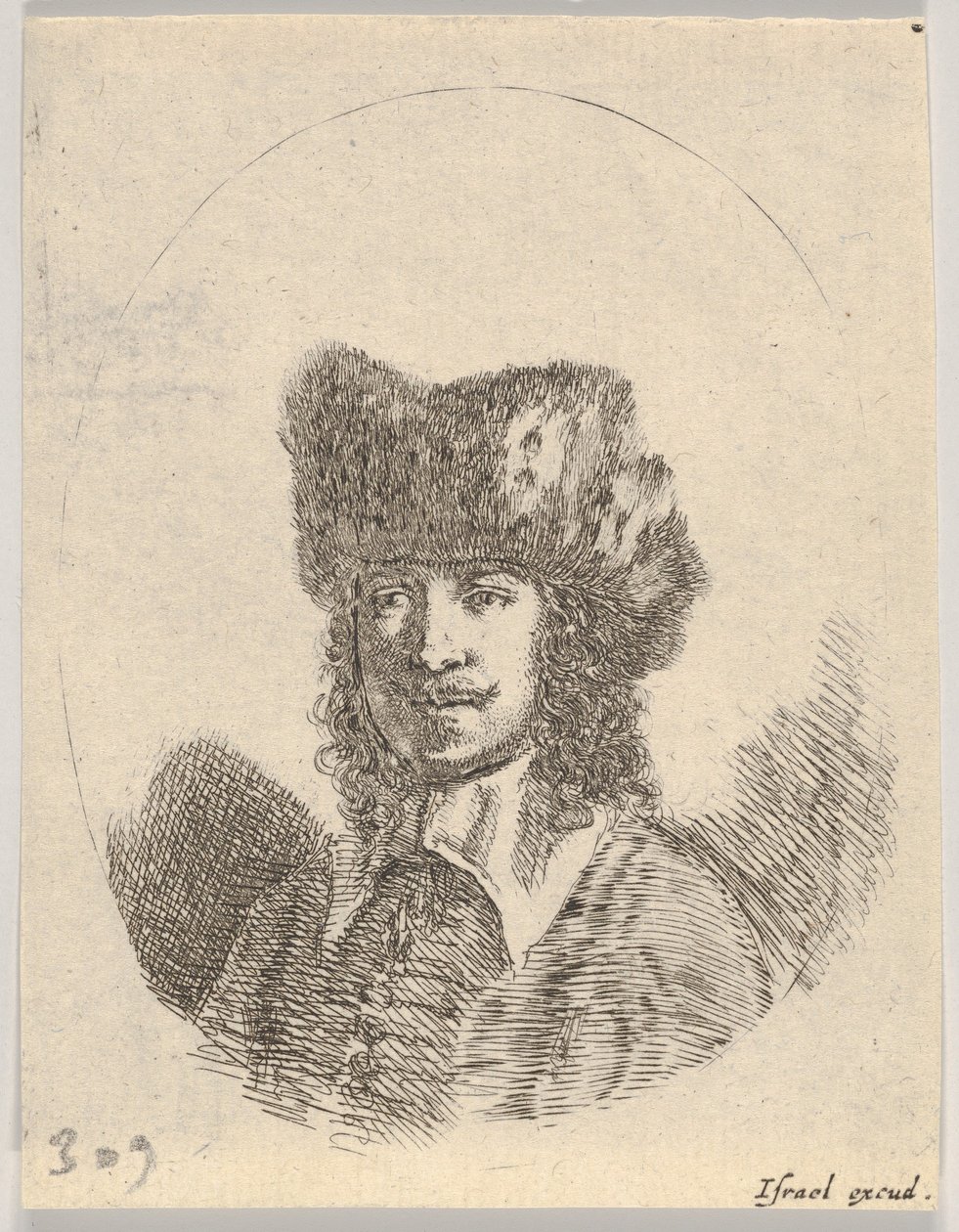 Placa 2: cabeza de un hombre con bigote y gorro de piel mirando a la izquierda, una composición oval, de..., 1650 de Stefano della Bella