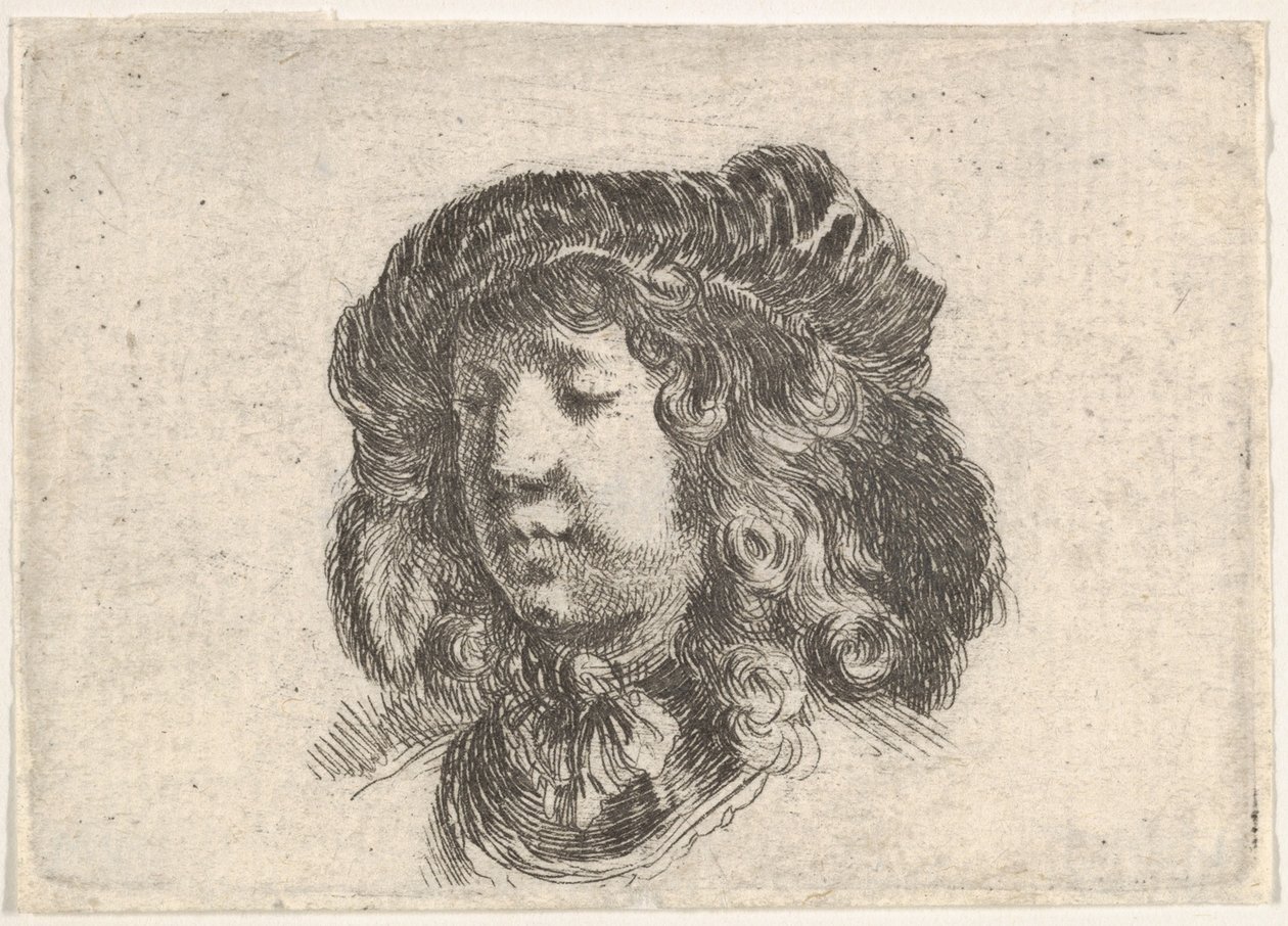 Placa 34: cabeza de un joven con una gorra adornada con algunas plumas, girada tres cuartos, ca. 1646 de Stefano della Bella