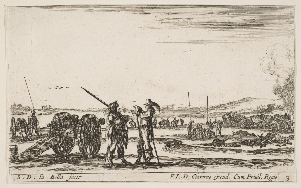 Placa 3: un oficial dando órdenes a un soldado en primer plano, cañón a la izquierda, ca. 1641 de Stefano della Bella