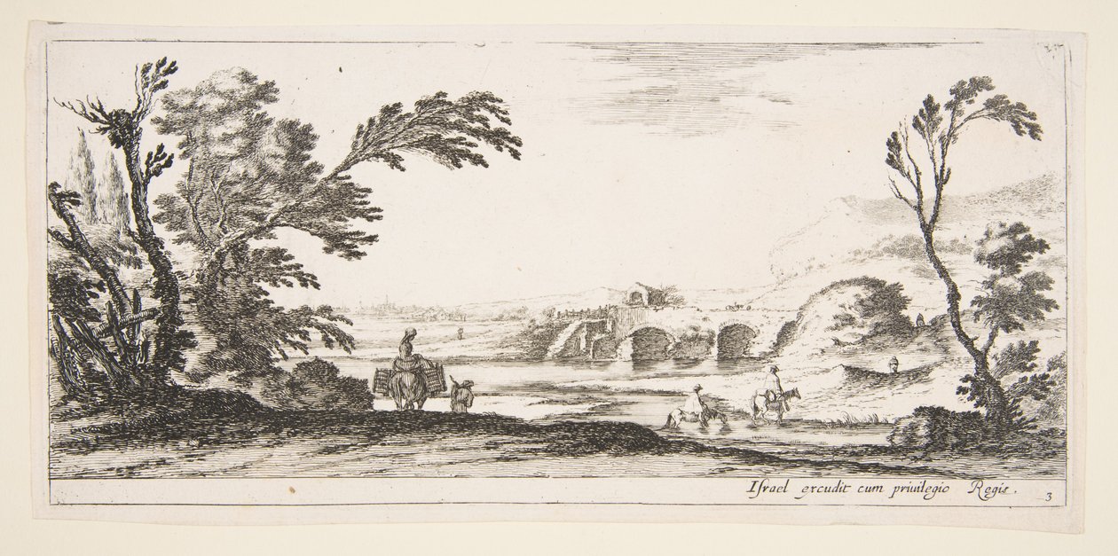Placa 3: dos jinetes cruzando un río hacia la derecha, una mujer con dos cestas sobre un burro, ca. 1641 de Stefano della Bella
