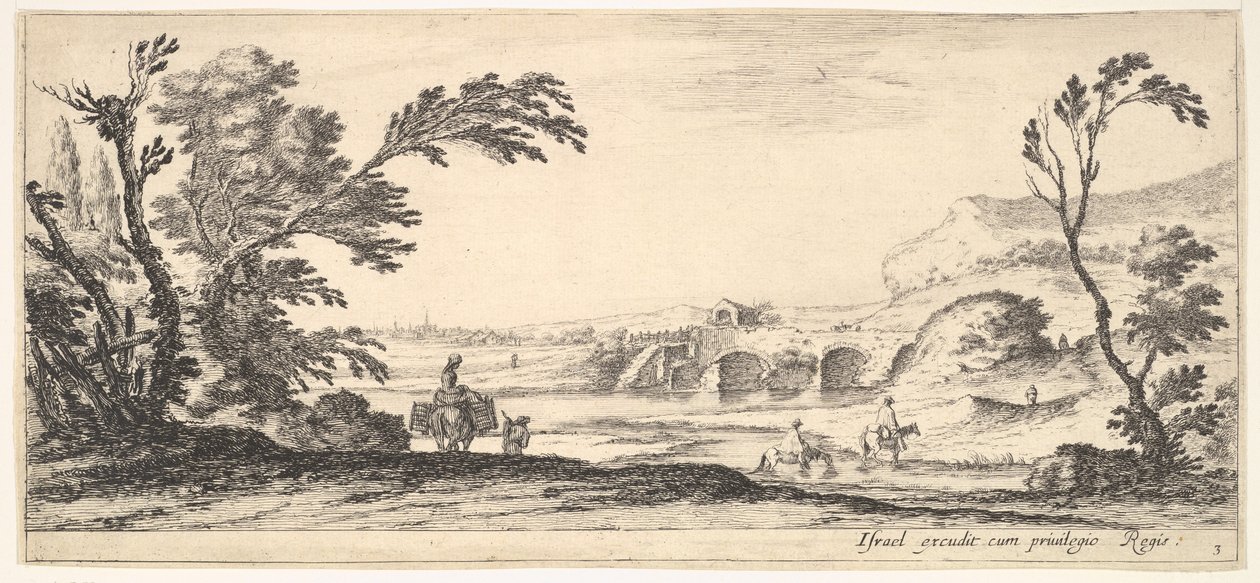 Placa 3: dos jinetes cruzando un río a la derecha, una mujer con dos cestas sobre un burro, ca. 1641 de Stefano della Bella