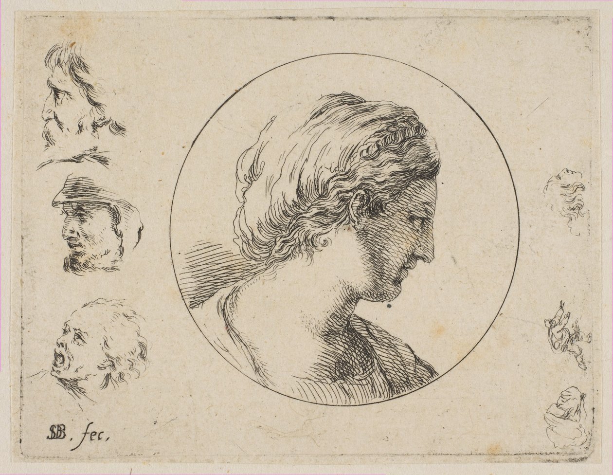 Placa 4: Cabeza de una mujer de perfil, de Segunda colección de varios garabatos y grabados, ca. 1646 de Stefano della Bella