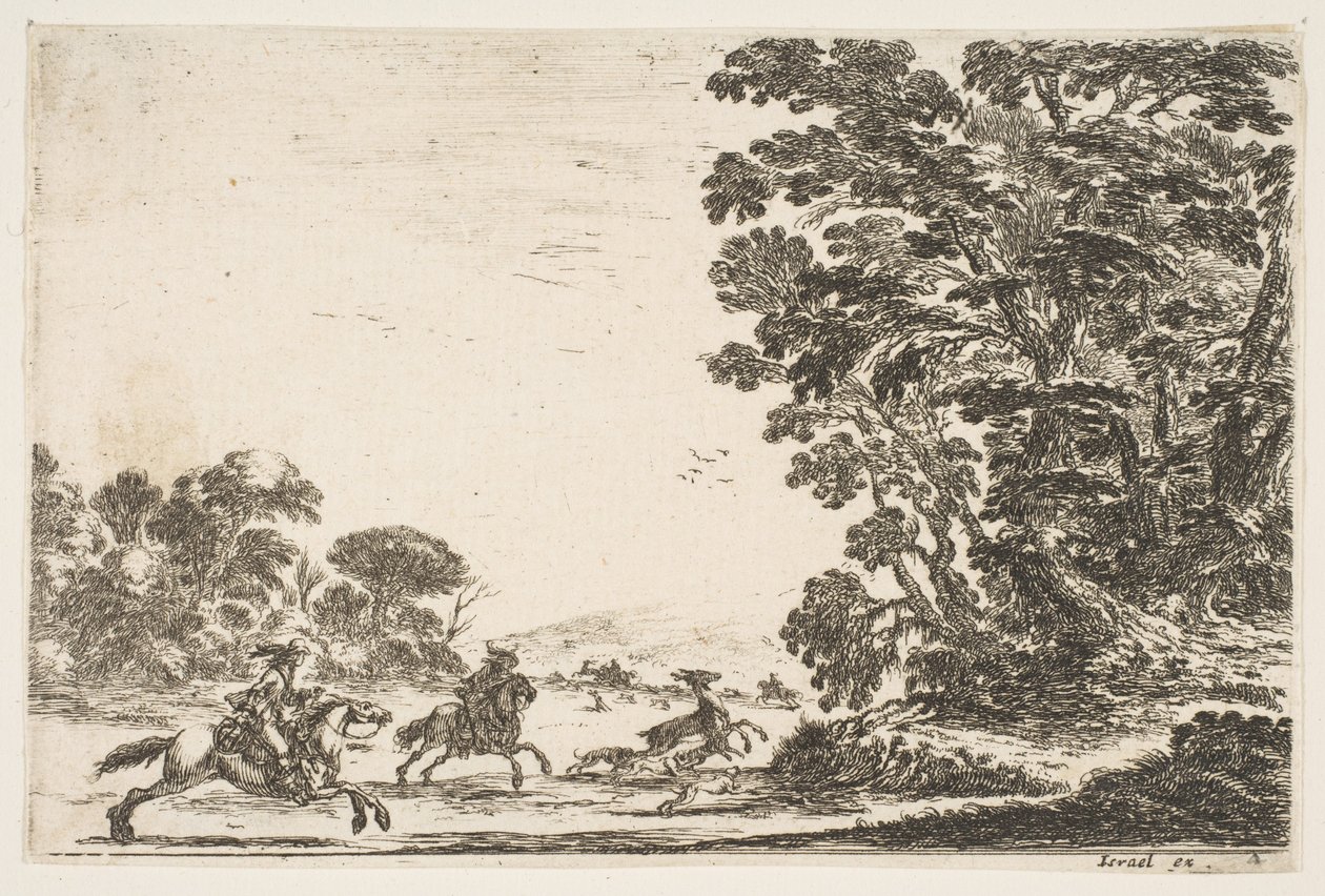 Placa 4: una cacería de ciervos, dos jinetes galopando hacia la izquierda detrás de tres perros y un ciervo, 1642 de Stefano della Bella