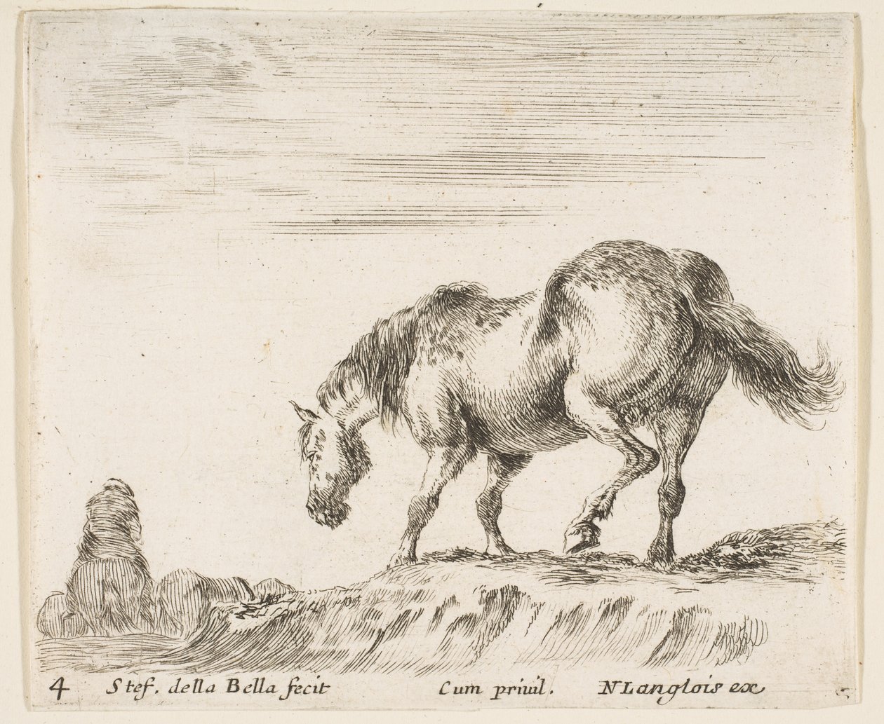 Placa 4: un caballo de perfil mirando a la izquierda, a punto de descender de un montículo, un caballo..., ca. 1644-47 de Stefano della Bella