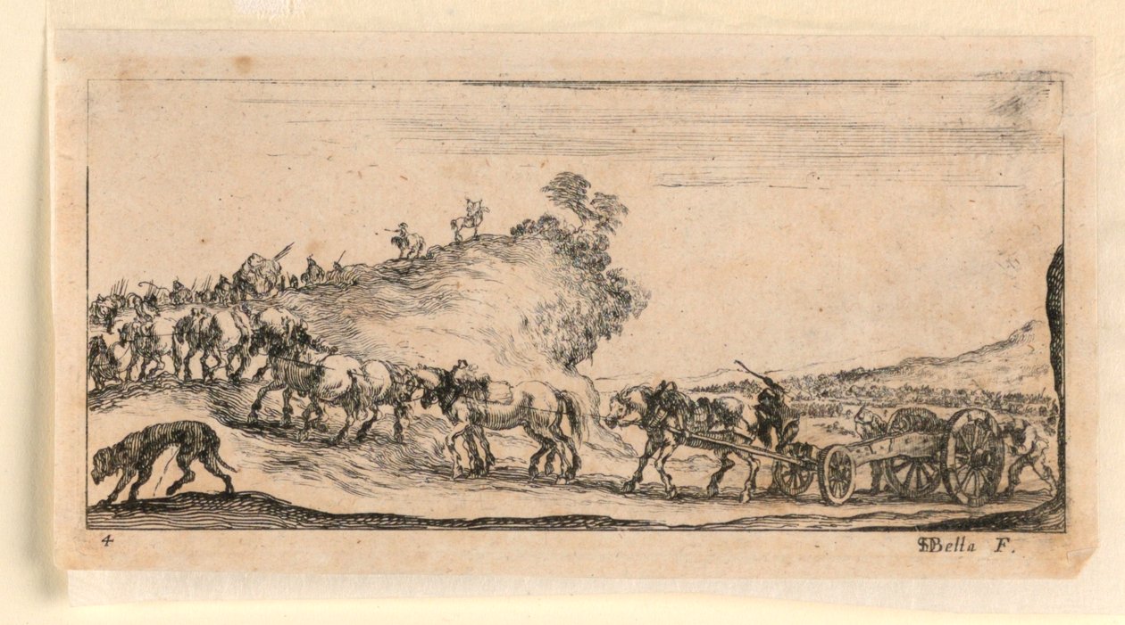 Placa 4, de "Desseins de Queleques Conduites de Troupes, Canons, et Ataques de Villes" de Stefano della Bella