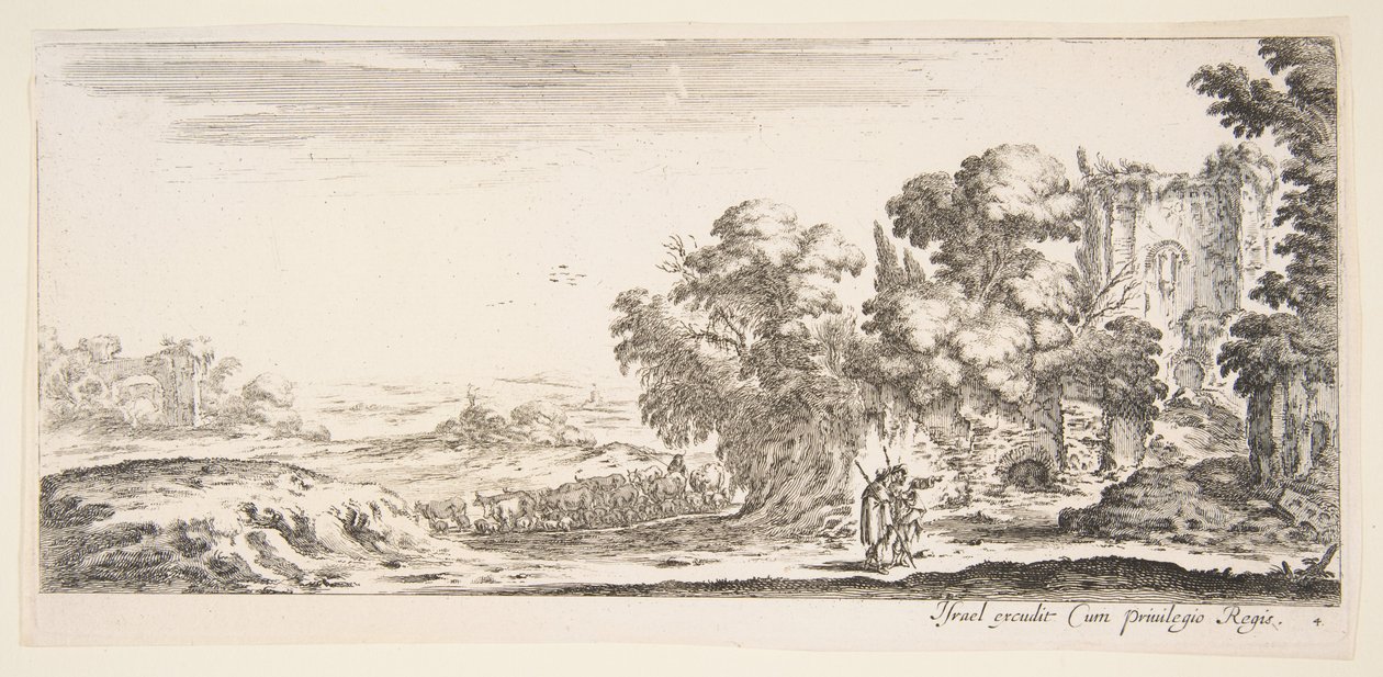 Placa 4: dos peregrinos observando ruinas a la derecha, uno señalando hacia la derecha, un pastor..., ca. 1641 de Stefano della Bella