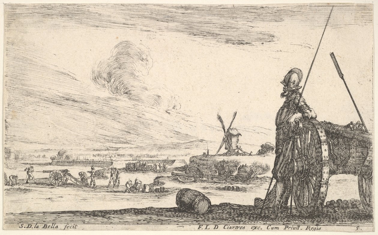 Placa 5: Un piquero de pie a la derecha junto a un cañón, otras figuras militares en el fondo..., ca. 1641 de Stefano della Bella