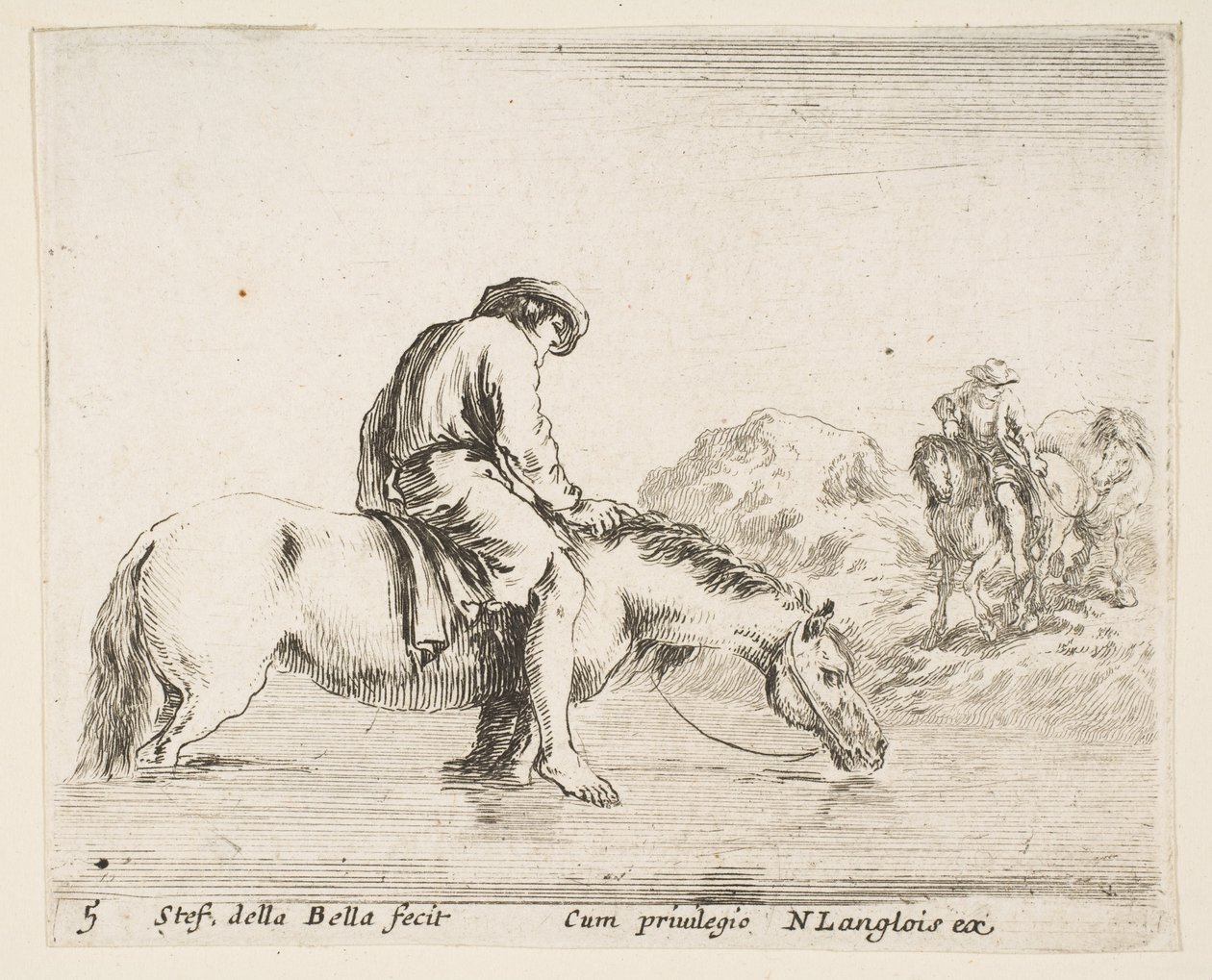 Placa 5: un campesino descalzo a caballo cruzando un río, otro campesino a caballo..., ca. 1644-47 de Stefano della Bella