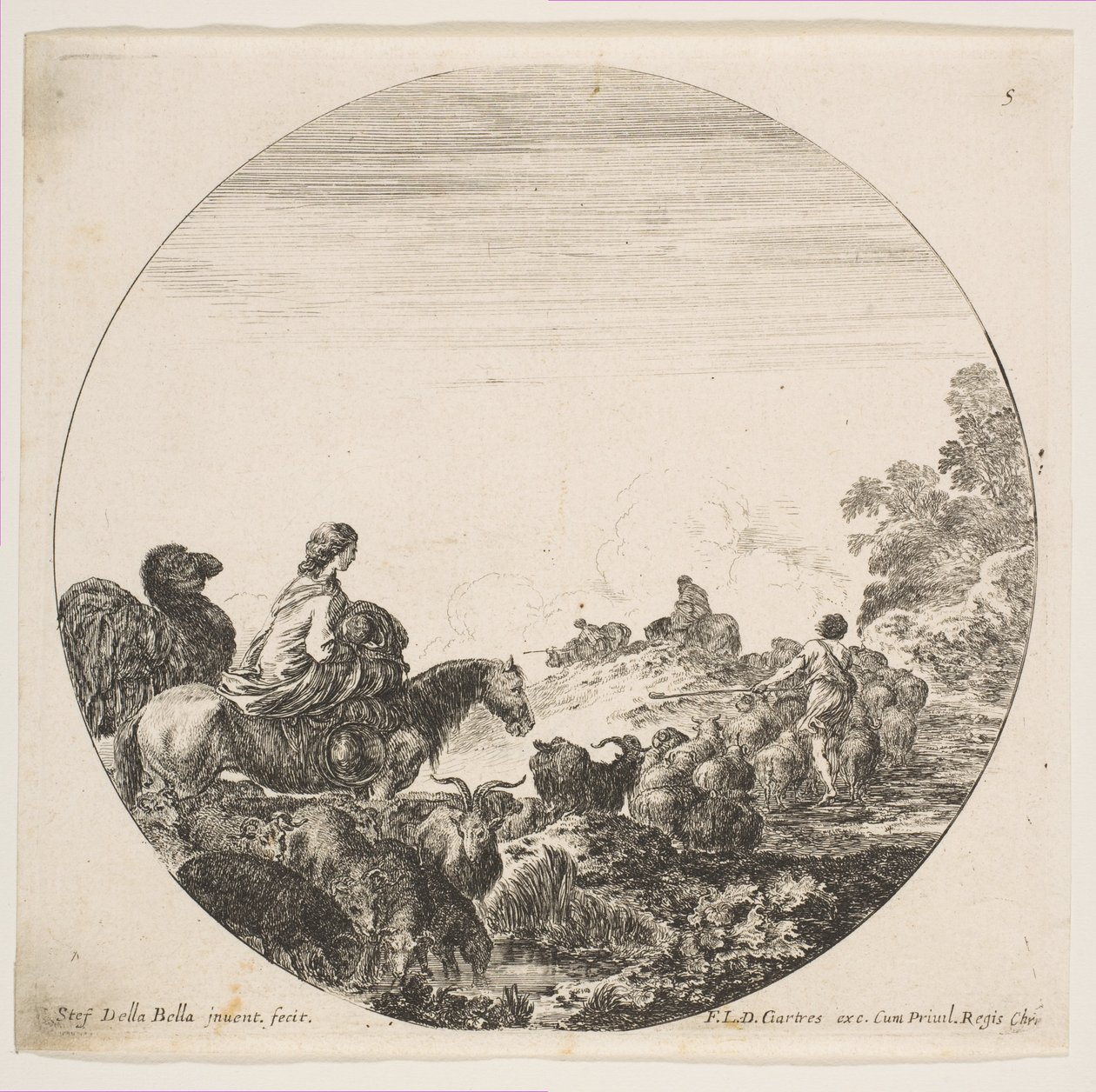 Placa 5: una mujer llevando a un niño en un caballo a la izquierda, un camello siguiéndola, un rebaño de..., ca. 1646 de Stefano della Bella
