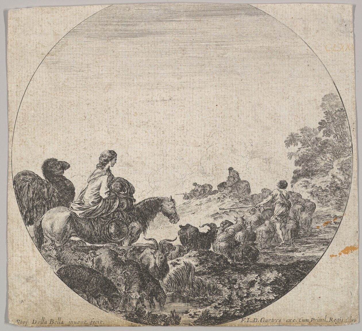 Placa 5: una mujer llevando a un niño en un caballo a la izquierda, un camello siguiéndola, un rebaño..., ca. 1643-48 de Stefano della Bella
