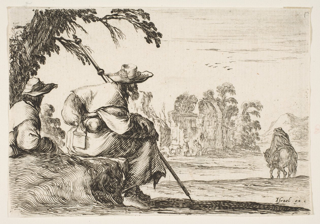 Placa 5: dos peregrinos con sombreros descansan a la izquierda, vistos desde atrás, un jinete cabalga hacia, 1642 de Stefano della Bella