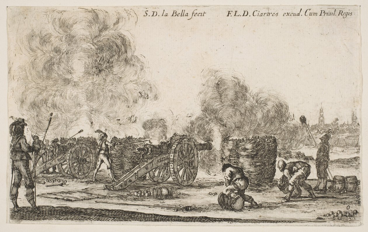 Placa 6: batería de cañones disparando a una ciudad, de Varios Caprichos Militares Varii ..., ca. 1641 de Stefano della Bella