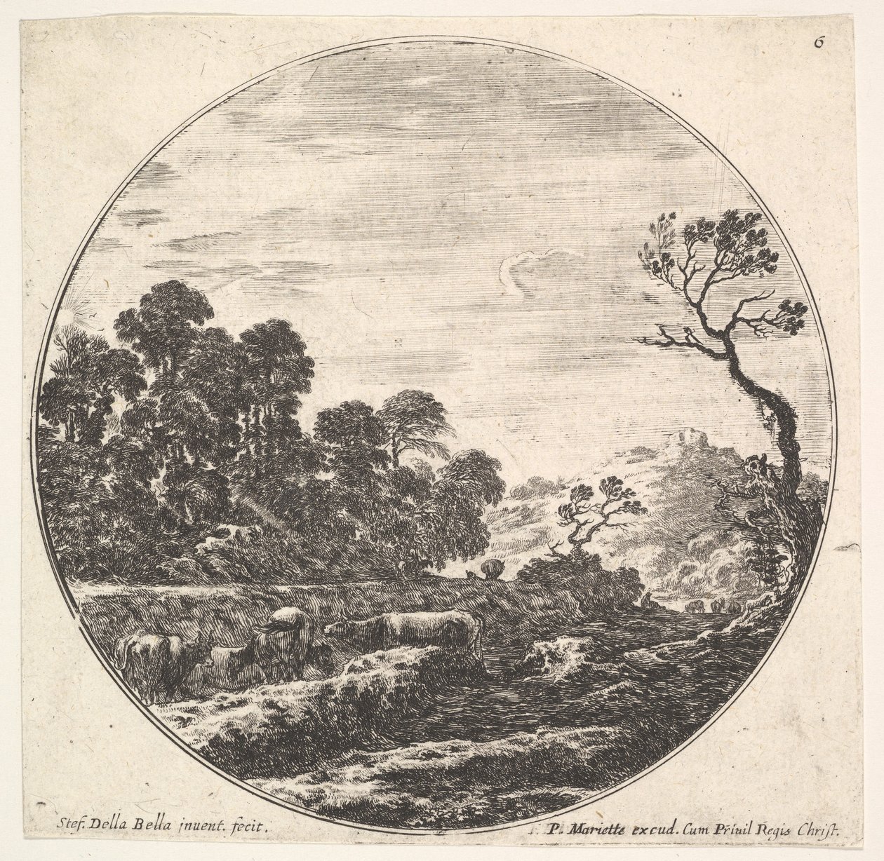 Placa 6: vacas cruzando un valle a la izquierda, un grupo de árboles a la izquierda, un jinete y otros, ca. 1643-48 de Stefano della Bella