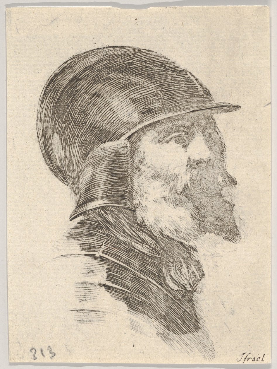 Placa 6: cabeza de un viejo soldado barbudo con casco mirando a la derecha, de Varias cabezas, 1650 de Stefano della Bella