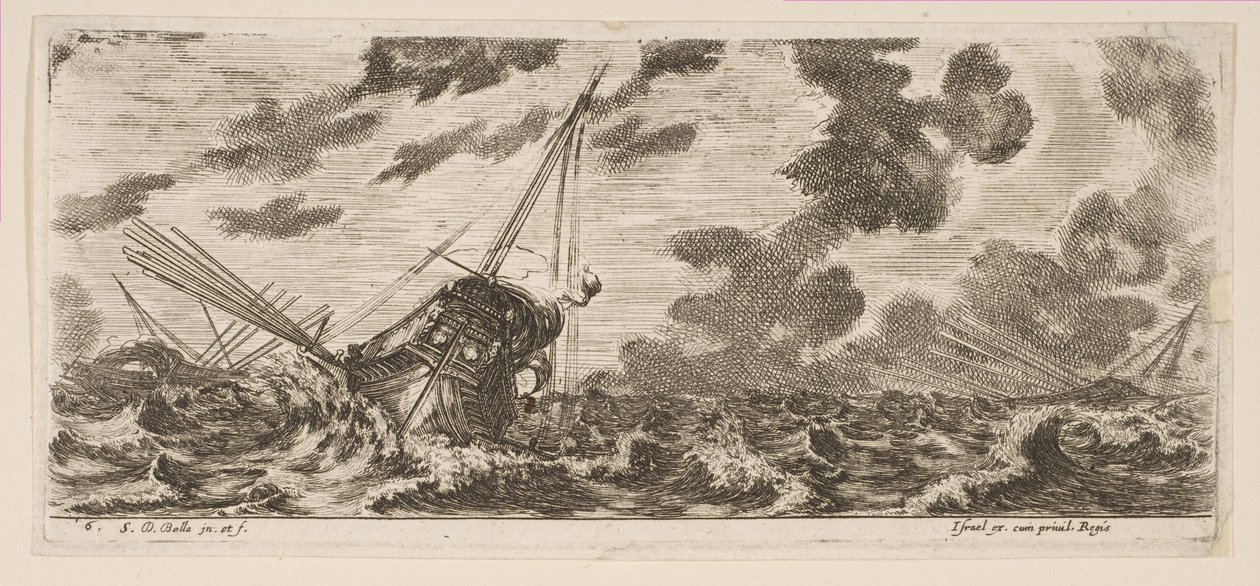 Placa 6: tres barcos en una tormenta, de Diversos embarques Divers embarquements de Stefano della Bella