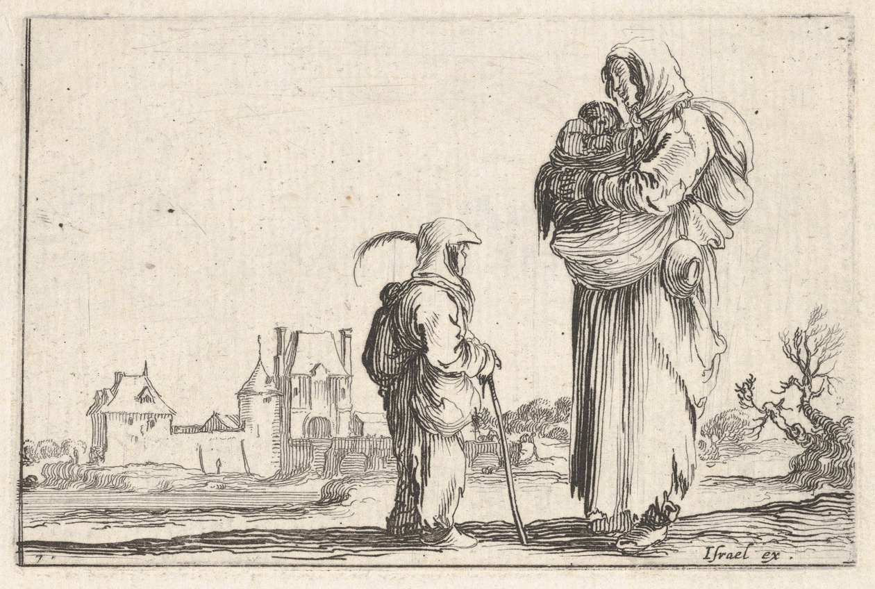 Placa 7: una campesina llevando a un niño a la derecha, hablando con otro niño de pie, ca. 1642 de Stefano della Bella