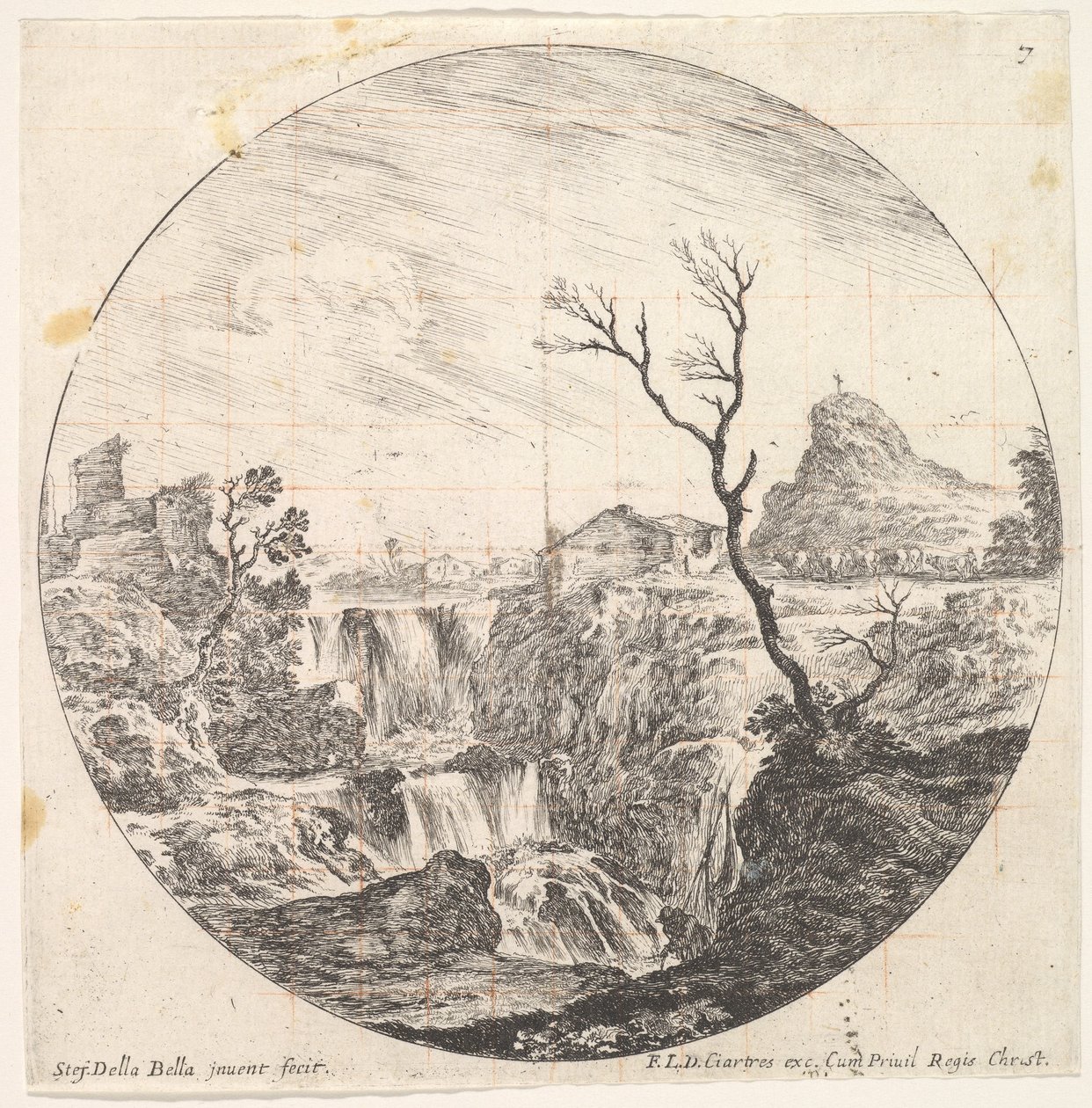 Placa 7: una triple cascada, un árbol muerto a la derecha, una montaña y un rebaño de vacas, ca. 1643-48 de Stefano della Bella