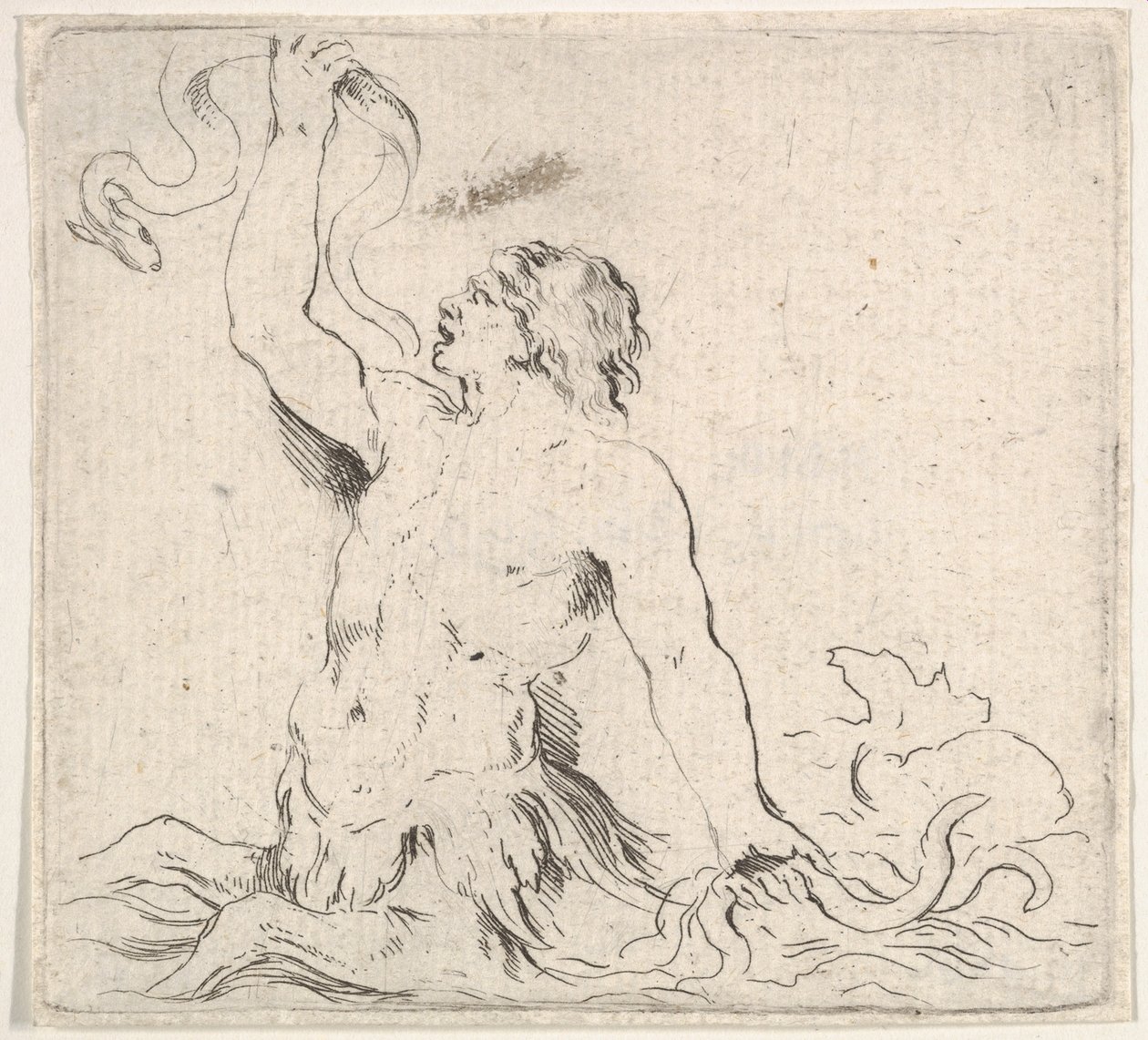 Placa 7: un tritón en el agua, mirando a la izquierda, sosteniendo una anguila en su mano derecha, ca. 1646 de Stefano della Bella