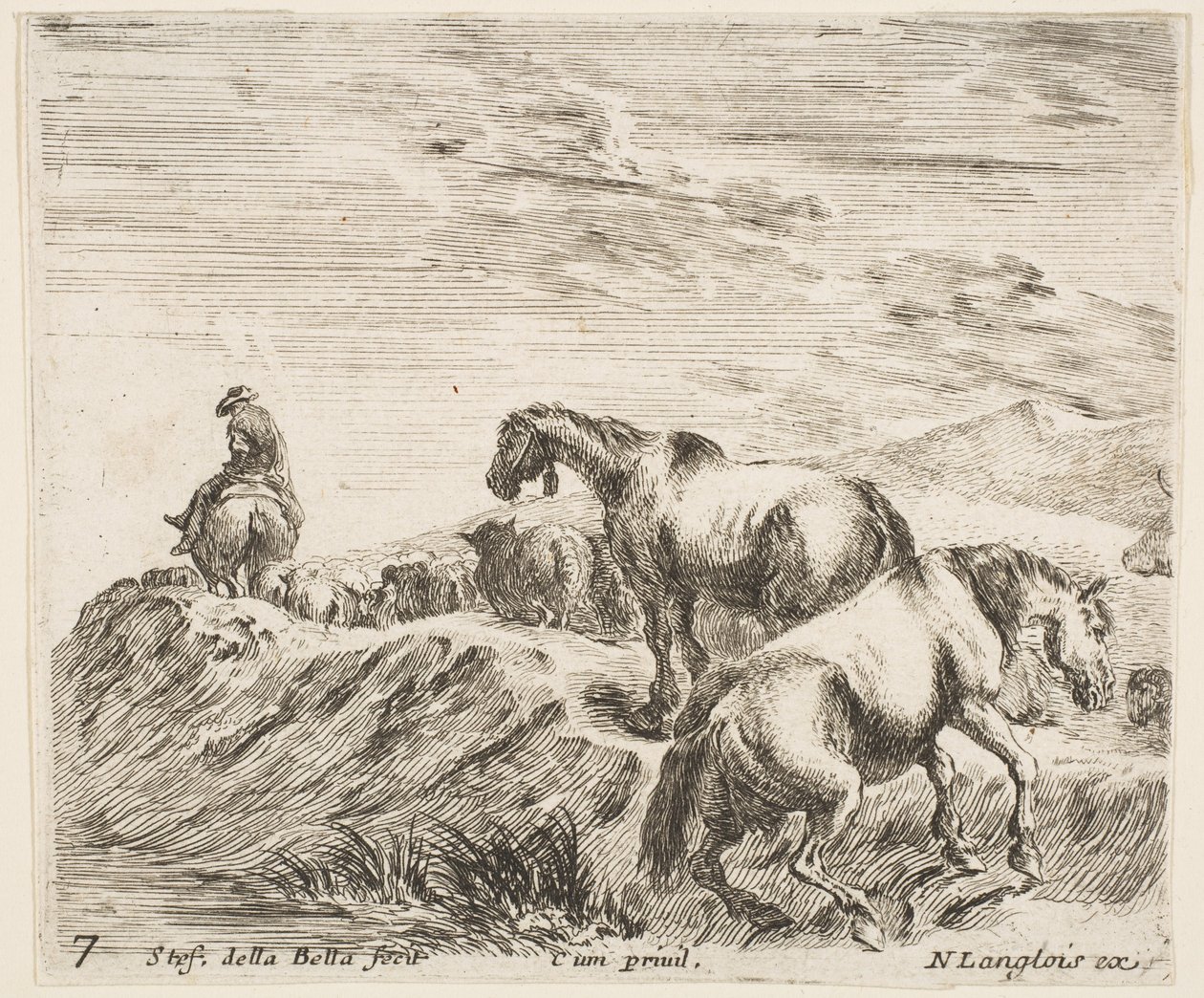 Placa 7: dos caballos ascendiendo la orilla de un río a la derecha, siguiendo una procesión de Stefano della Bella