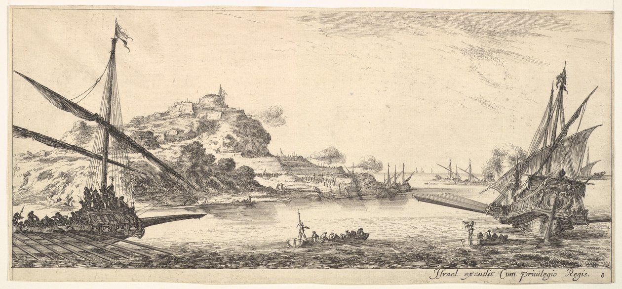 Placa 8: La proa de una galera a la izquierda y otra galera a la derecha, vista desde atrás, ca. 1641 de Stefano della Bella