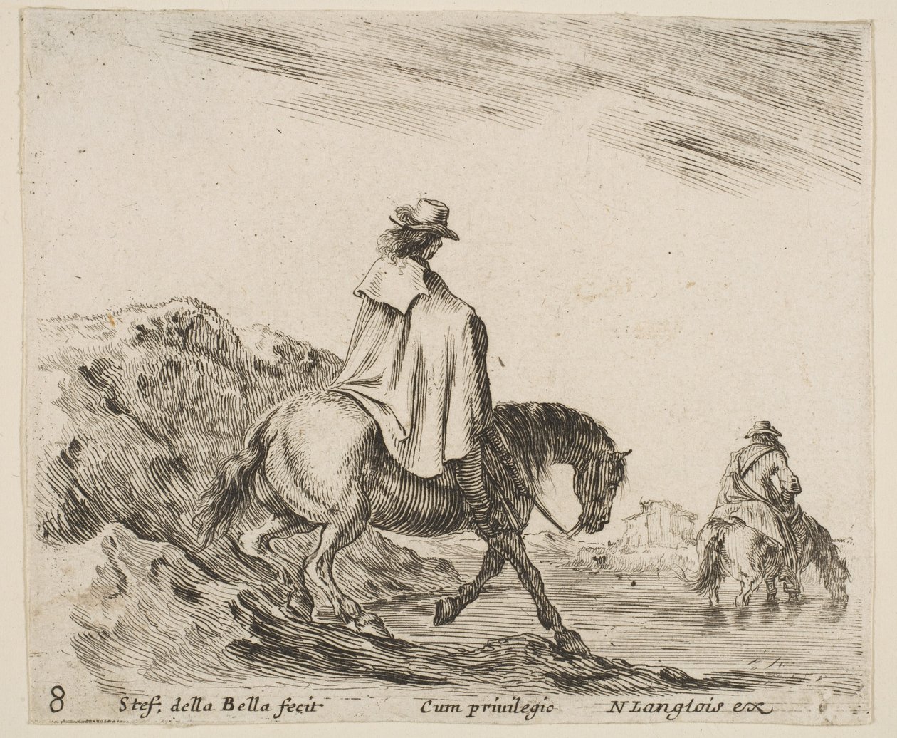 Placa 8: un jinete desciende una ribera, otro jinete en el río a la derecha, de ..., ca. 1644-47 de Stefano della Bella