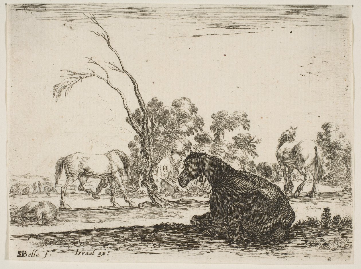 Un caballo sentado a la derecha, visto desde atrás y girado a la izquierda, tres otros caballos (detalle) de Stefano della Bella