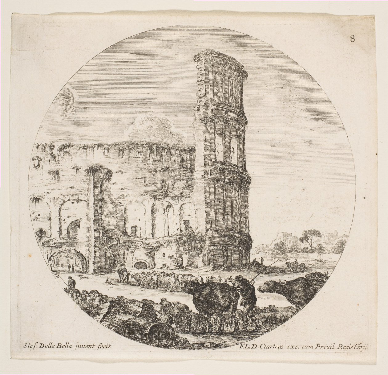 Placa 8: el Coliseo, dos rebaños siendo dirigidos hacia el anfiteatro en el primer plano, ca. 1646 de Stefano della Bella