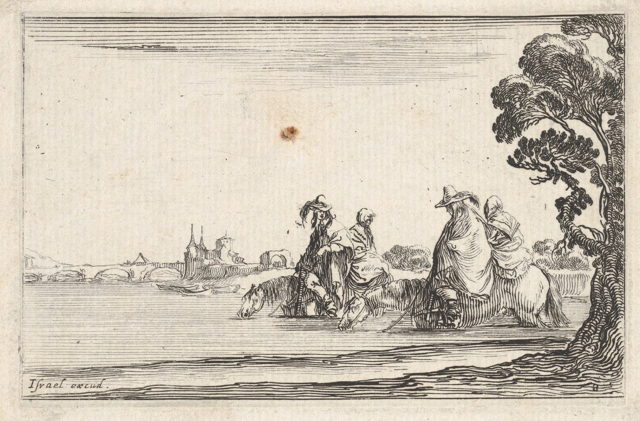 Placa 8: dos jinetes con sombreros a la derecha, cada uno con una mujer sentada detrás de ellos, montando, ca. 1642 de Stefano della Bella