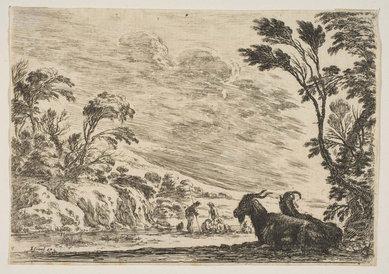 Placa 9: Dos cabras descansando a la derecha, giradas hacia la izquierda, cuatro hombres y un caballo en un río, 1642 de Stefano della Bella