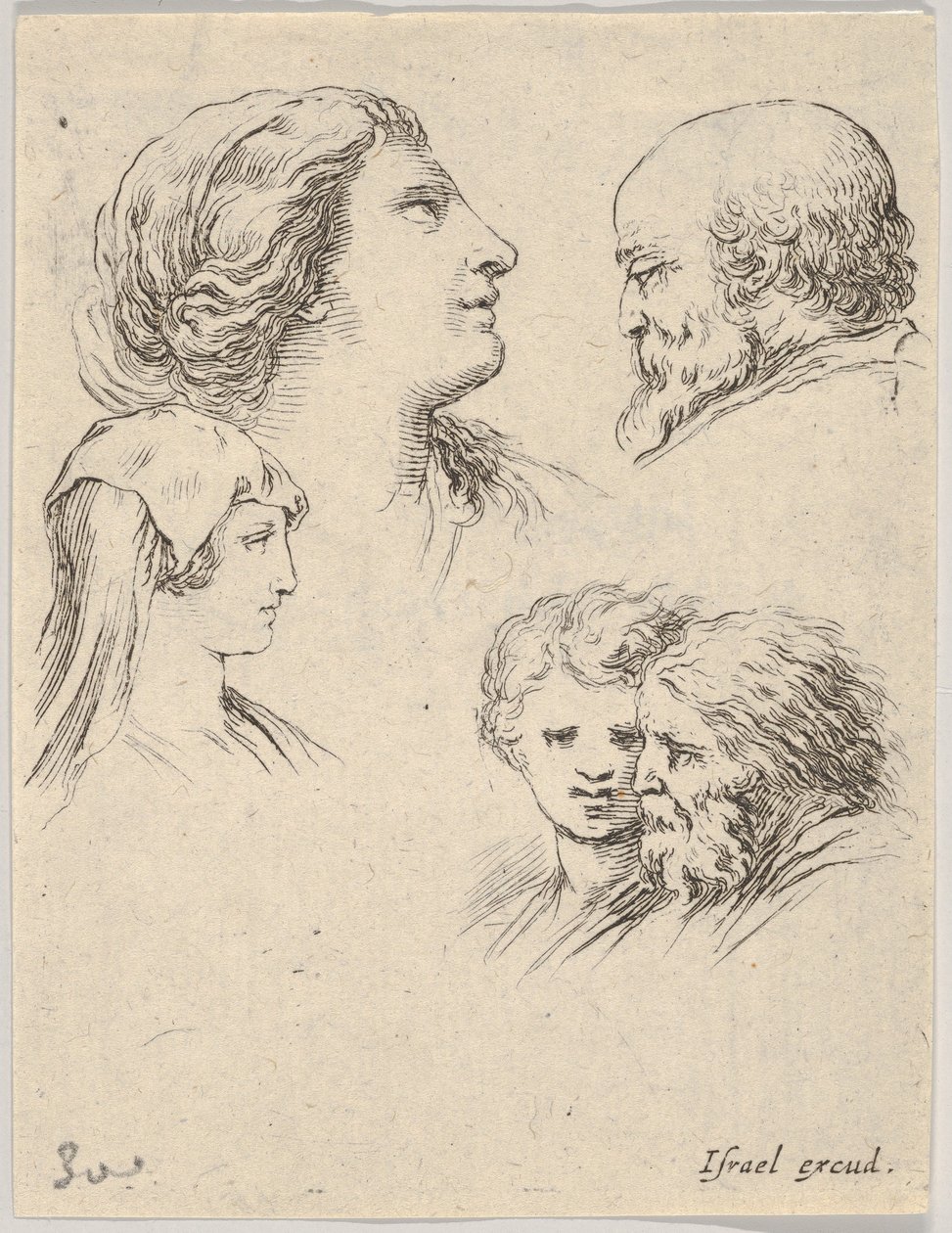 Placa 9: cinco cabezas, dos mujeres jóvenes a la izquierda, un hombre con barba en la parte superior derecha, una joven, ca. 1649 de Stefano della Bella