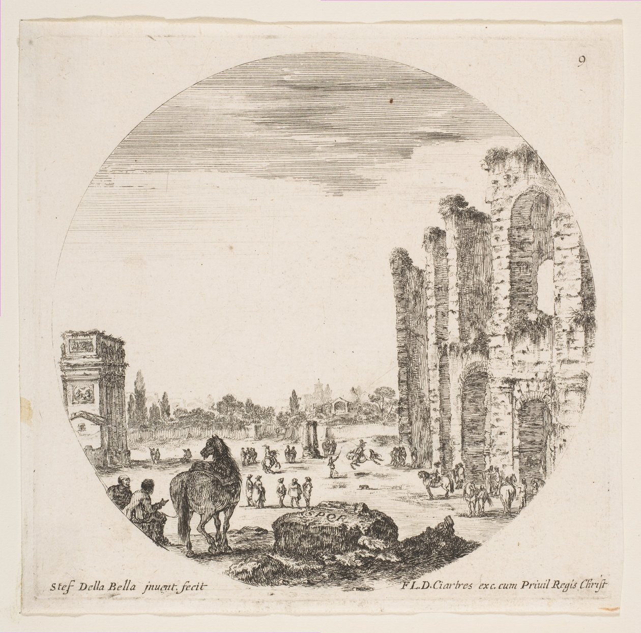 Placa 9: el Arco de Constantino a la izquierda, parte del Coliseo a la derecha, varios caballos... de Stefano della Bella