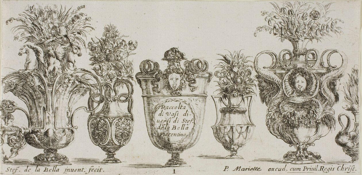 Plato uno de la colección de varios jarrones de Stefano della Bella