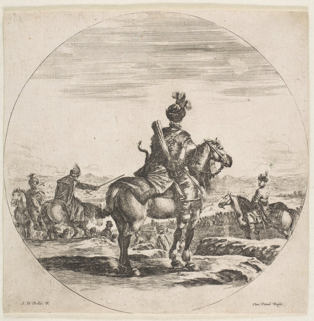 Jinete polaco con arco y flecha, visto desde atrás con su caballo mirando a la derecha de Stefano della Bella