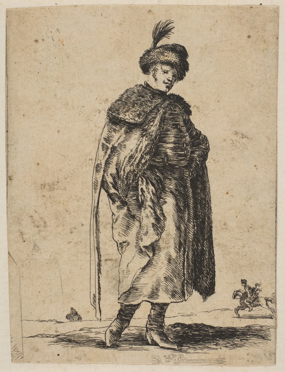 Hombre polaco con bigote vistiendo un abrigo de piel y un sombrero con una pluma, ca. 1648 de Stefano della Bella