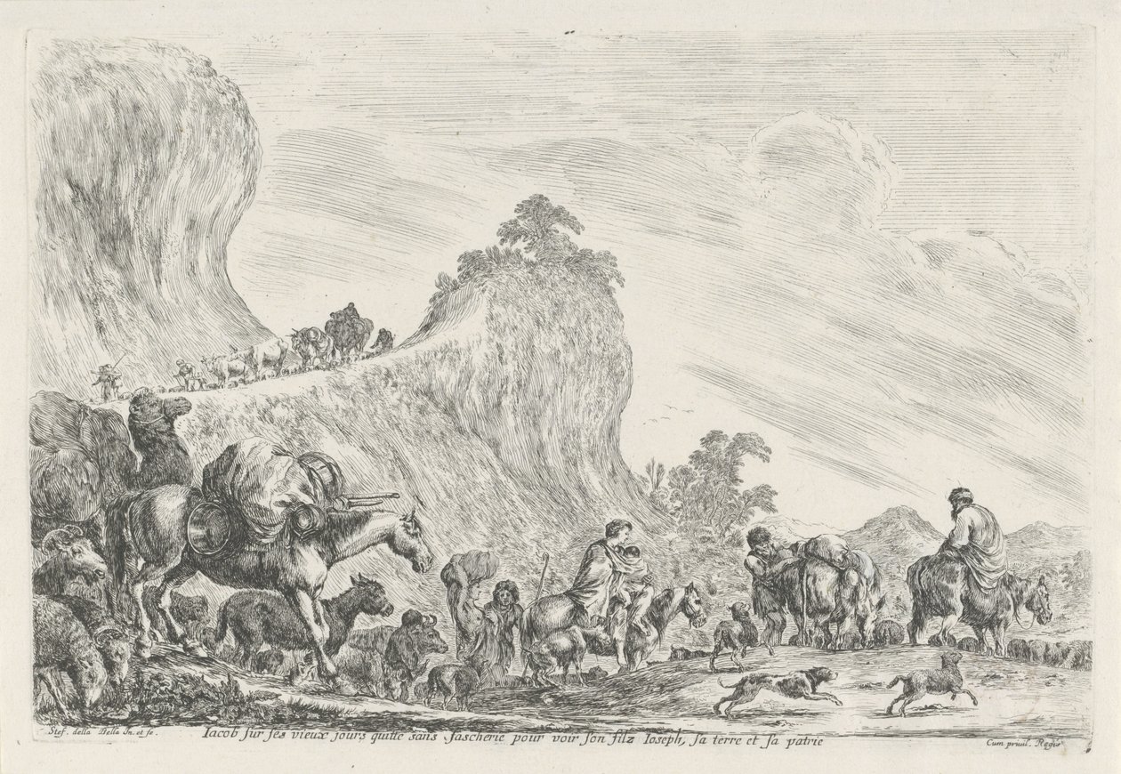 Reis van Jakob cerca de Egipto Iacob en sus viejos tiempos se va sin ira por su hijo José, las tierras y su patria (título sobre objeto) de Stefano della Bella