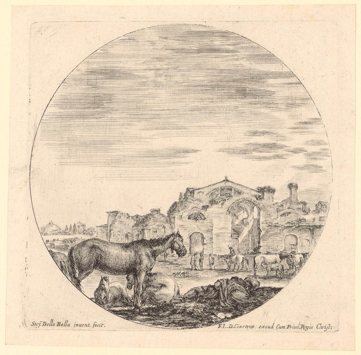 Pastor descansando con caballos junto a las Termas de Diocleciano de Stefano della Bella