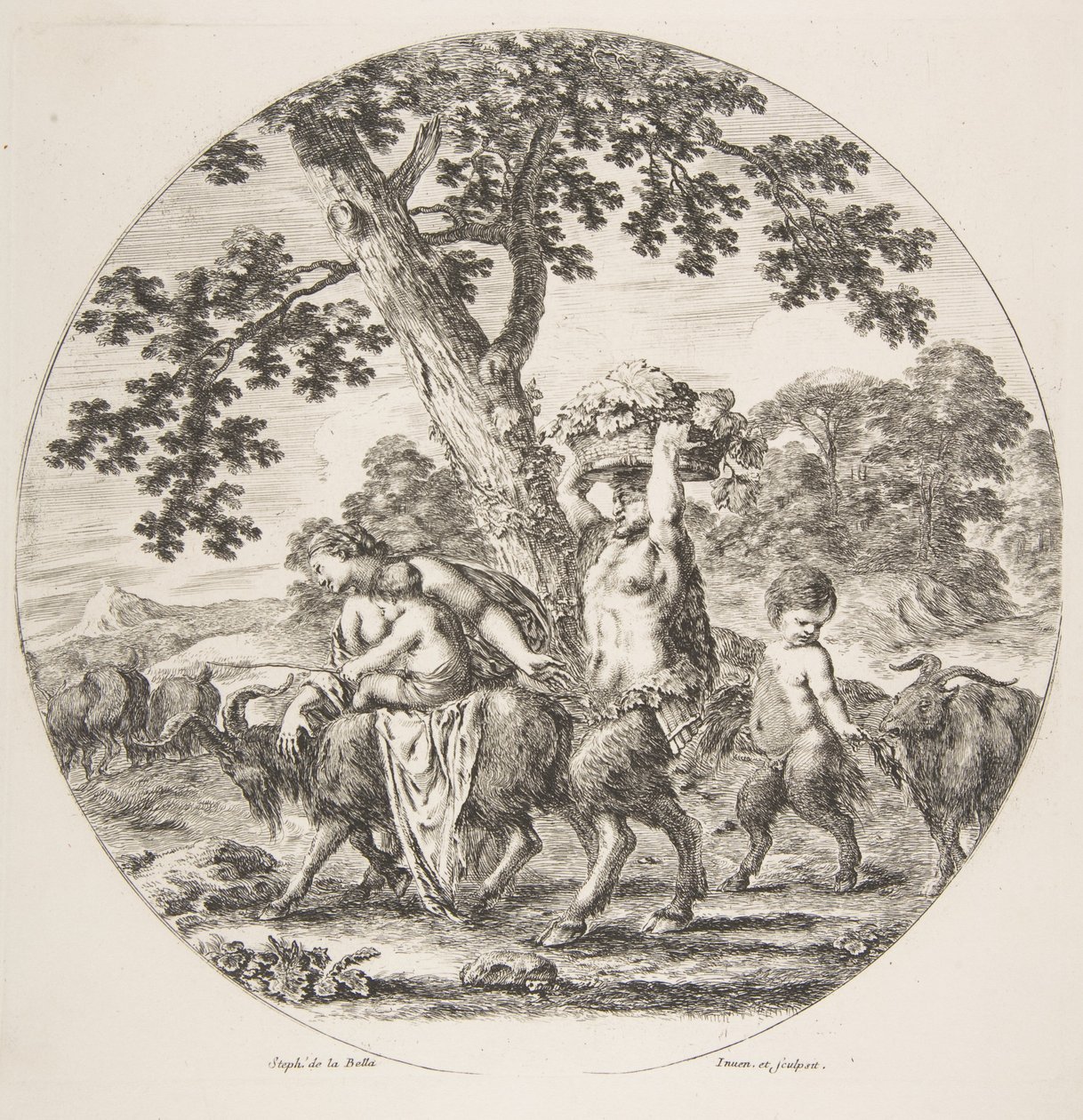 Familia de sátiros caminando hacia la izquierda con dos cabras y una cesta de uvas de Stefano della Bella