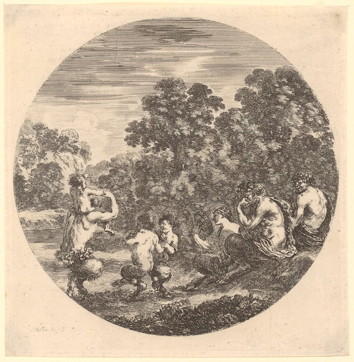 Familia de sátiros tocando música y bailando, lámina 6 de la serie «Seis motivos de animales en representación circular» de Stefano della Bella