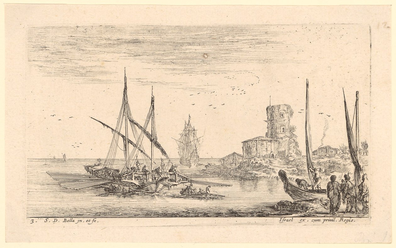 Paisaje marino con varios barcos y una torre antigua en la playa de Stefano della Bella