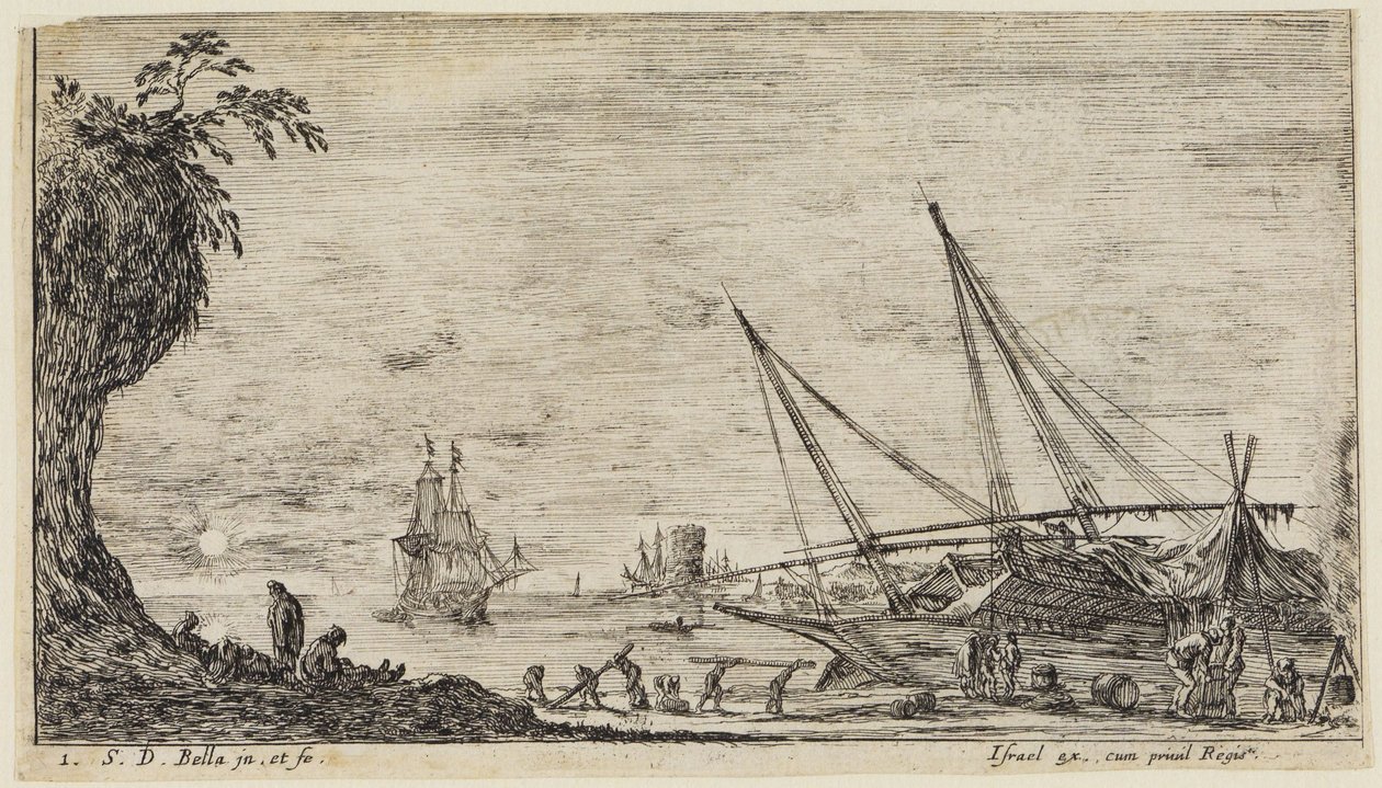 Paisajes marinos (Paysages maritimes): puerto marítimo con marineros y trabajadores que transportan troncos de Stefano della Bella