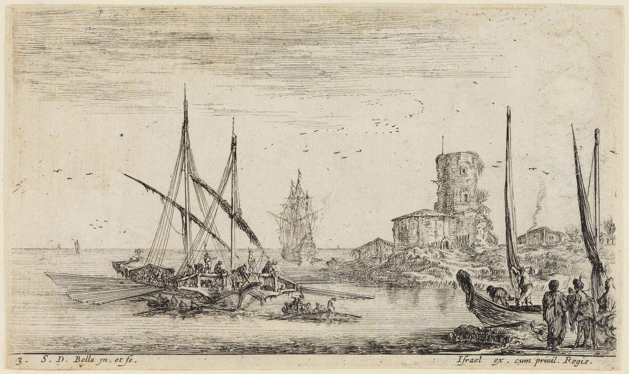 Paisajes marinos (Paysages maritimes): Paisaje marino con una torre antigua de Stefano della Bella